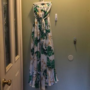 Strapless tropical Maxi dress with waist belt